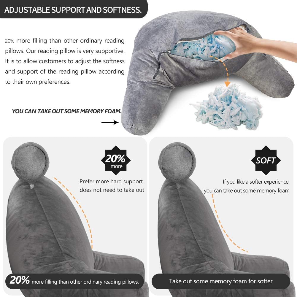 Comfortable reading bed pillow with armrests, offering superior back & neck support.