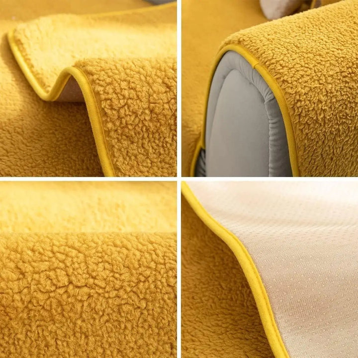 Washable plush sofa cover for easy care. Durable polyester couch protector ensures pet-friendly living room comfort.