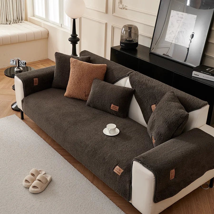 Luxurious plush sofa cover offering ultimate protection and cozy comfort. Washable and pet-friendly furniture cover.