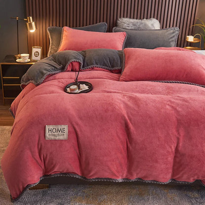 Velvet fleece duvet cover set with matching shams, perfect for transforming your bed into a warm winter sanctuary.