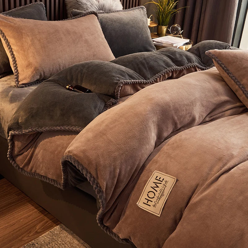 Warm flannel-feel velvet fleece duvet cover set; cozy, soft bedding that's essential for winter comfort.