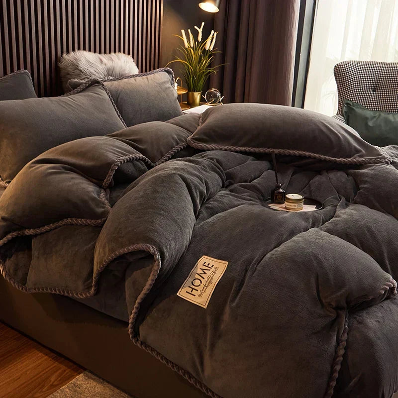 Queen size velvet fleece duvet cover, part of a plush bedding set for a cozy, luxurious winter bedroom experience.