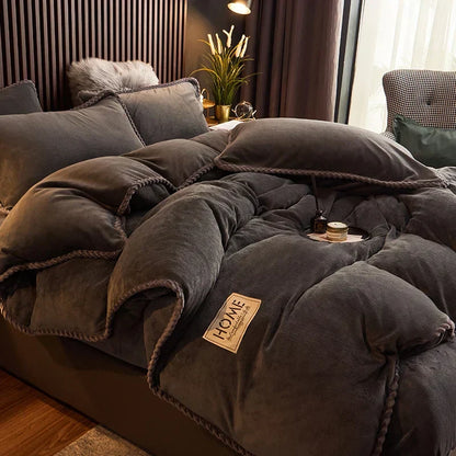 Queen size velvet fleece duvet cover, part of a plush bedding set for a cozy, luxurious winter bedroom experience.