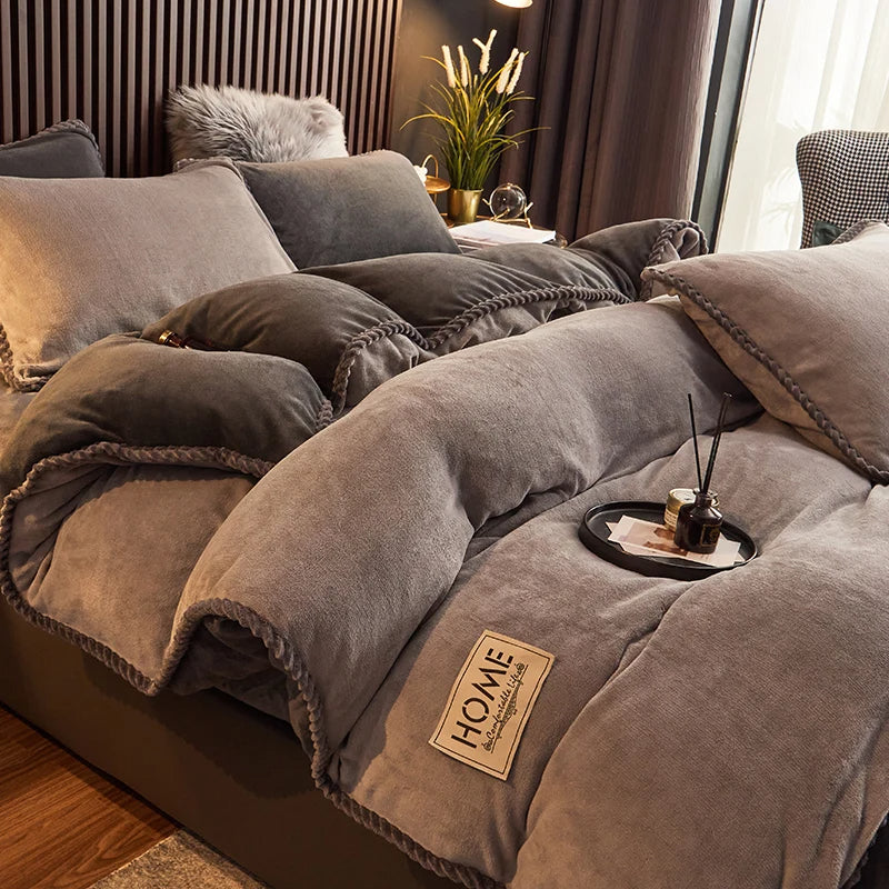 Soft grey velvet fleece duvet cover set, offering cozy comfort and stylish bedroom decor for cold nights.