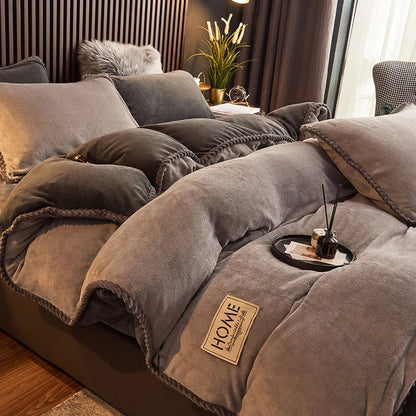 Soft grey velvet fleece duvet cover set, offering cozy comfort and stylish bedroom decor for cold nights.