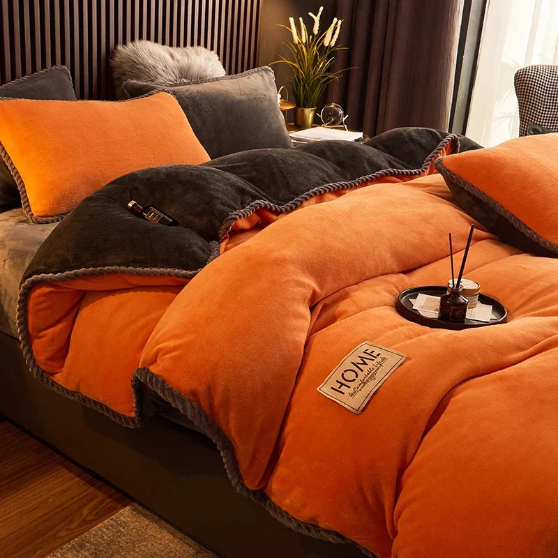 King size velvet fleece bedding set in rich burgundy, providing plush warmth and elegant winter bedroom decor.