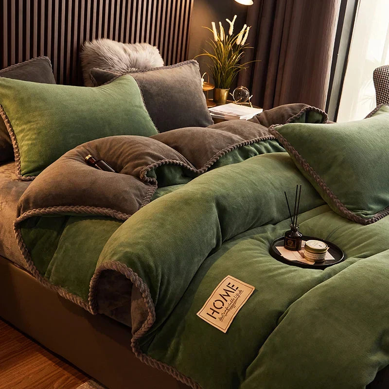 White velvet fleece duvet cover on a well-made bed, creating a serene and warm sleeping environment.
