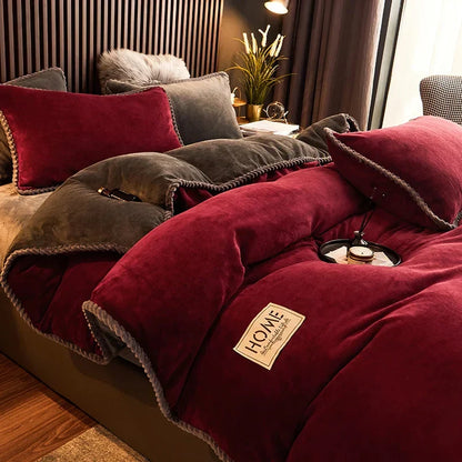 Cozy velvet fleece duvet cover set, ideal for snuggling up during chilly winter evenings; includes pillow shams.