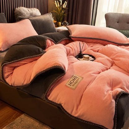 Blue velvet fleece bedding set, a luxurious and soft home textile addition for a comfortable winter bedroom.