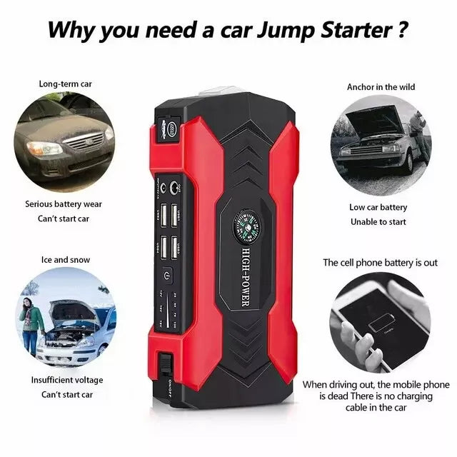 Compact and powerful 1200A car jump starter with power bank, LED work light, and essential safety tools