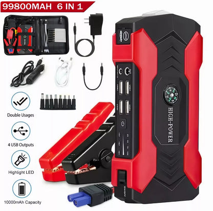 Compact car jump starter and emergency power bank with built-in LED flashlight and battery booster functionality