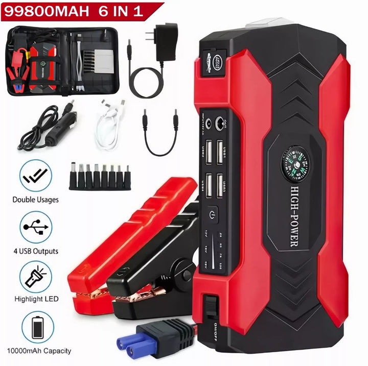 Compact car jump starter and emergency power bank with built-in LED flashlight and battery booster functionality