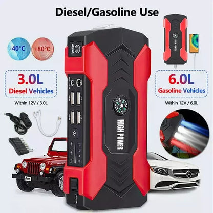 1200A portable car jump starter with integrated power bank, LED light, and safety hammer for roadside assistance