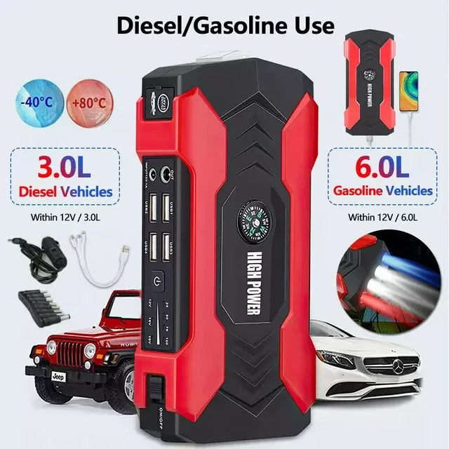 1200A portable car jump starter with integrated power bank, LED light, and safety hammer for roadside assistance