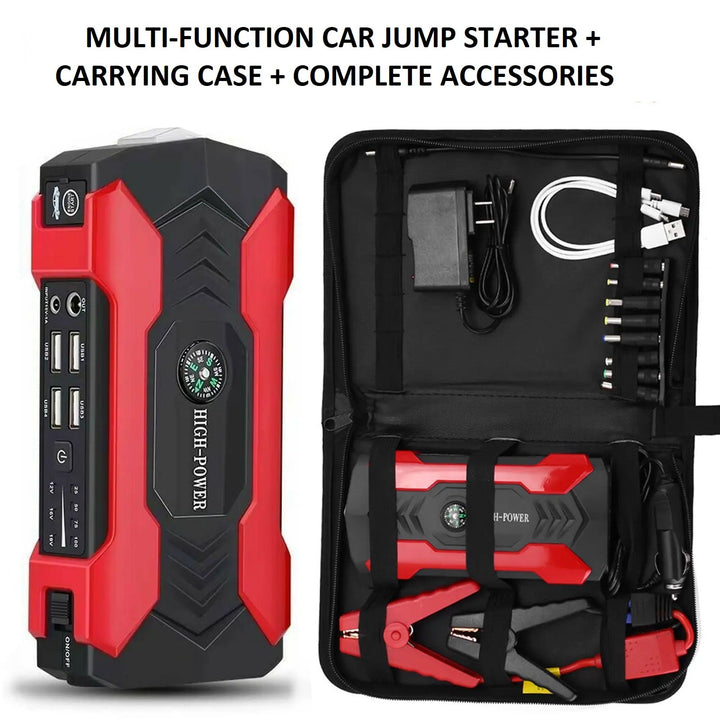 Car jump starter power bank with LED flashlight, designed for emergency starts and charging portable devices
