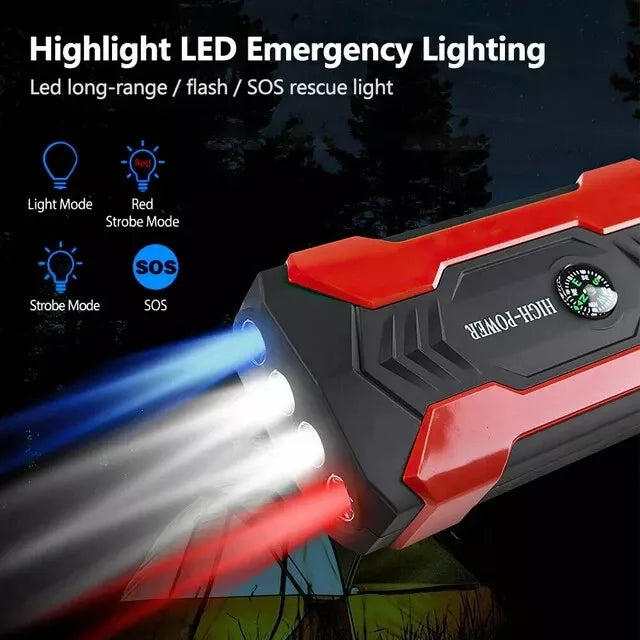 Durable 1200A car jump starter and portable charger with emergency LED light and safety features