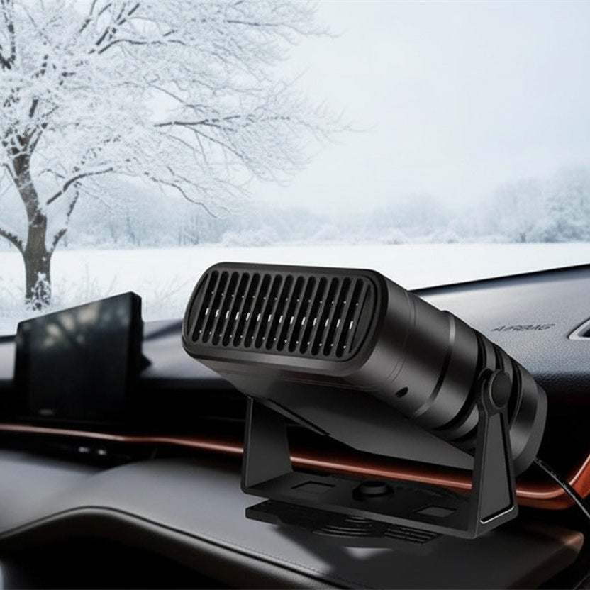 Portable 12V car heater & defroster for quick windshield demisting, cabin warming, and a cooling fan.