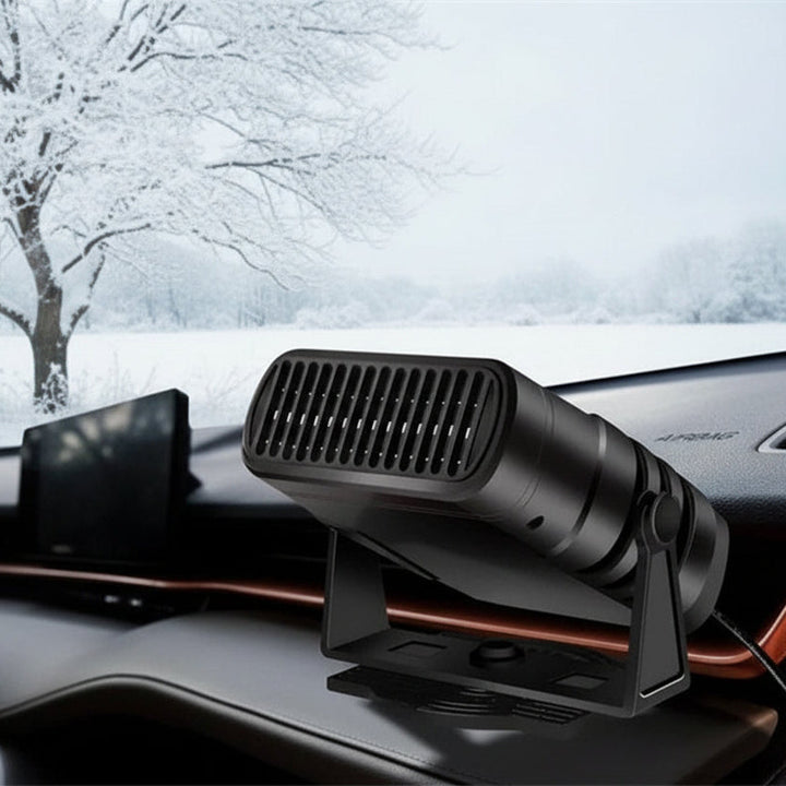 Portable 12V car heater & defroster for quick windshield demisting, cabin warming, and a cooling fan.