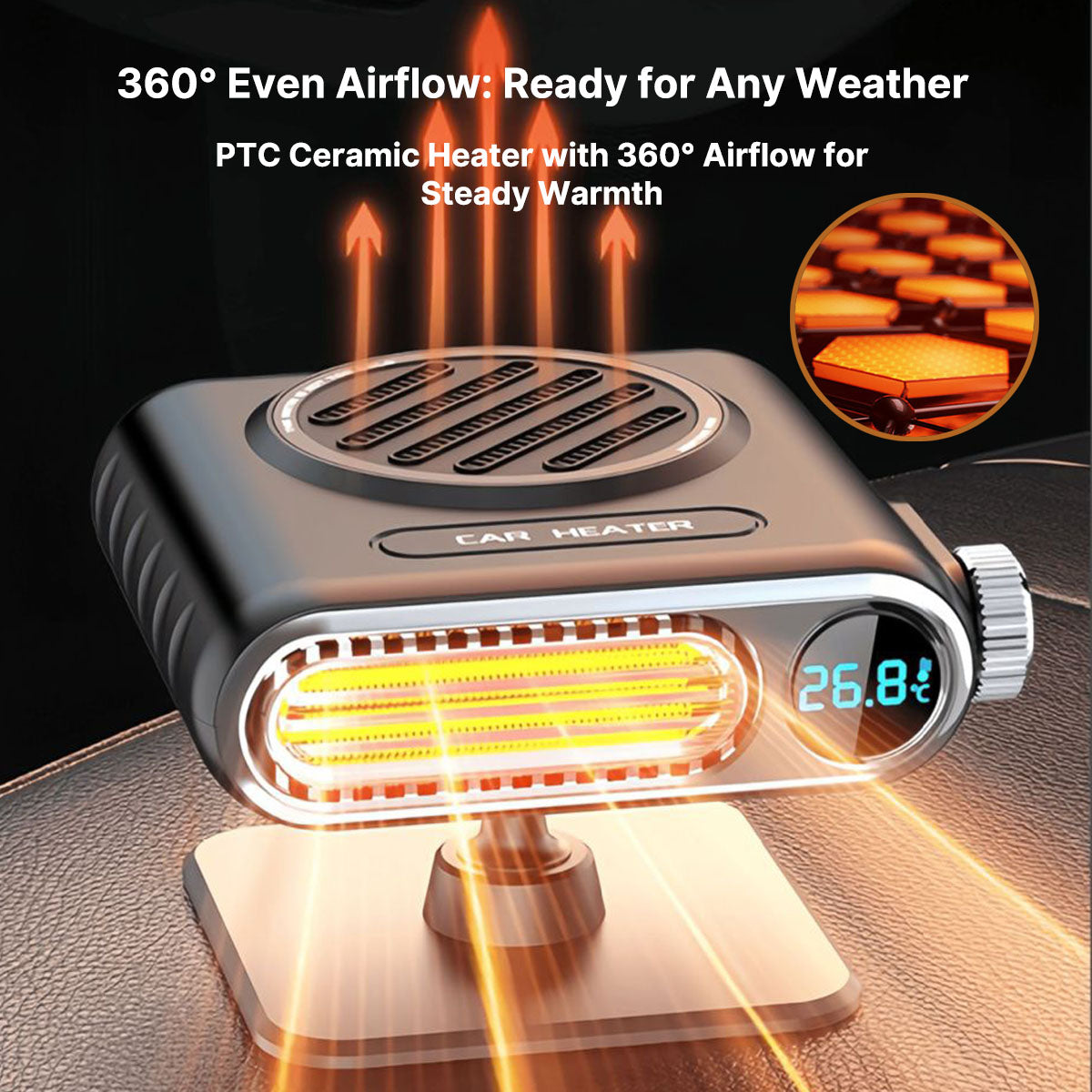 Compact 24V fast car heater for vehicle interior warming, cold weather automotive accessory