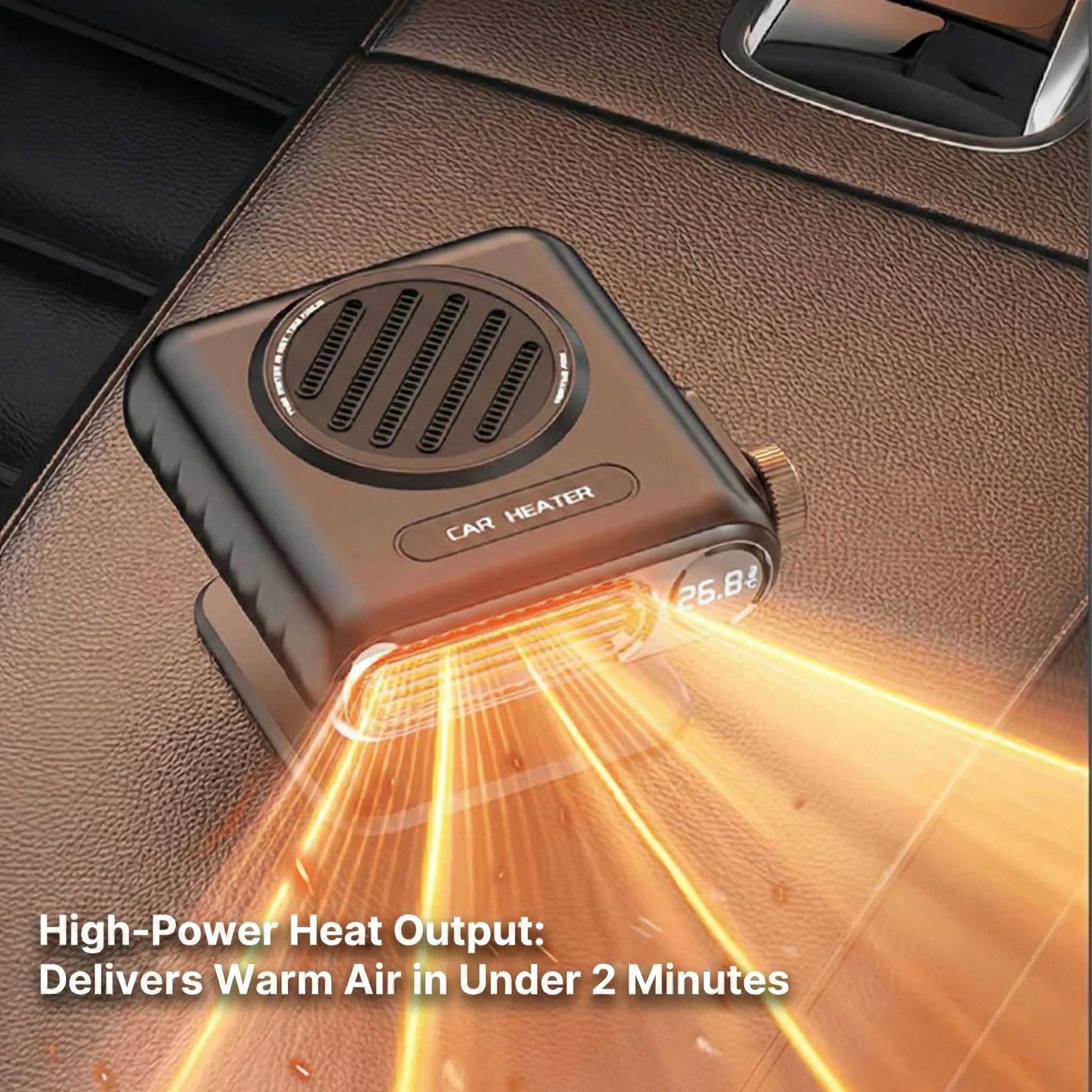 Dashboard-mounted portable car defroster, quickly clears fog for safe winter driving