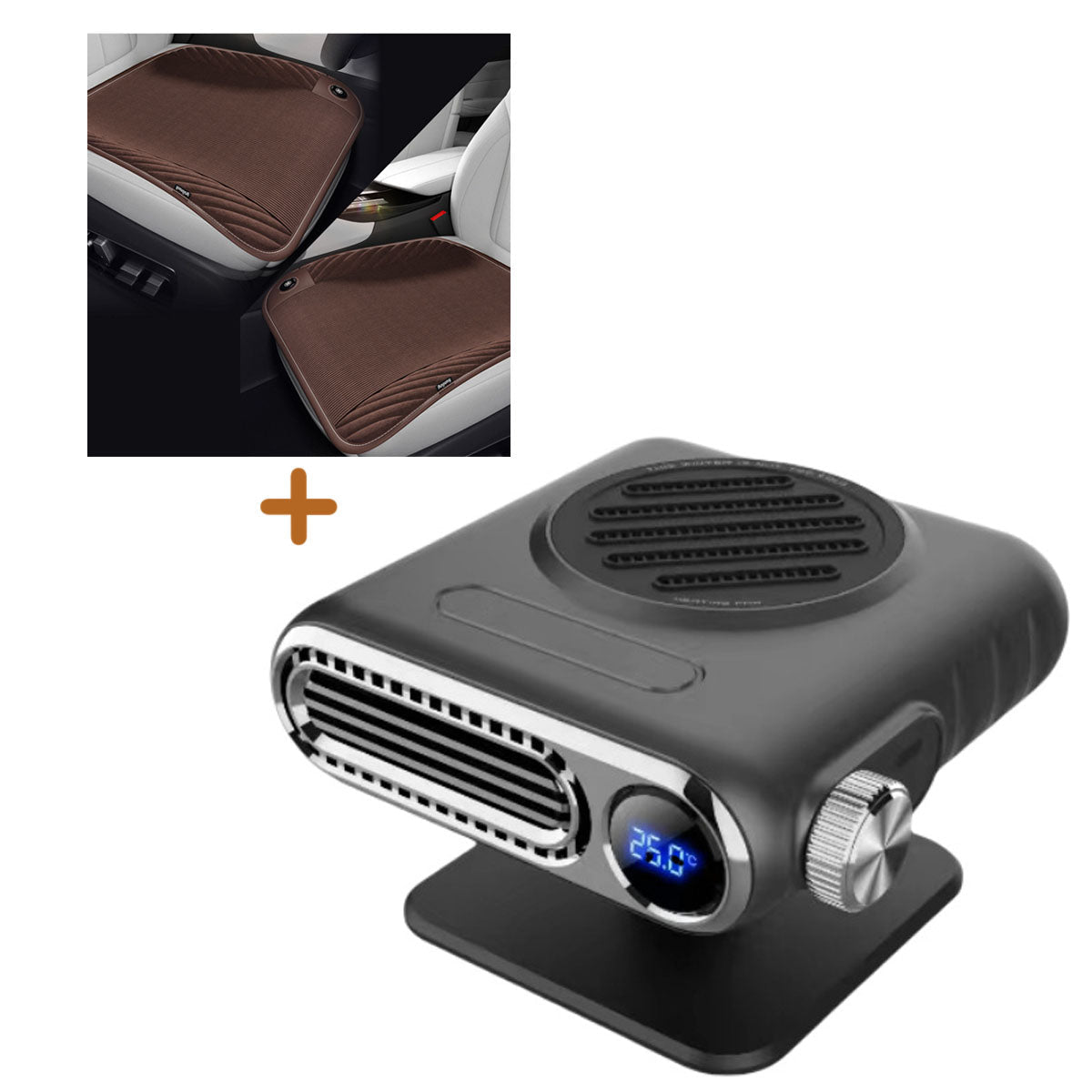 Portable 12V car heater in use, melting frost from a car's rear window