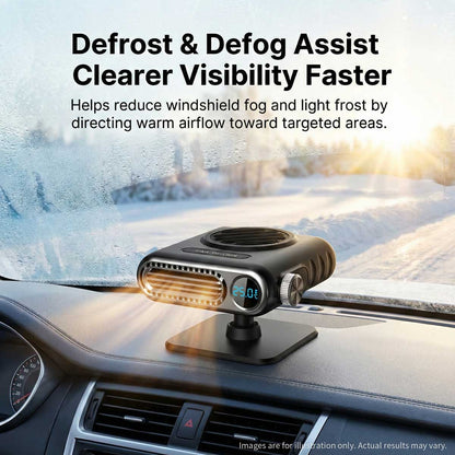 Small car heater, 12V, aimed at dashboard to defrost frosty windows, cold season comfort