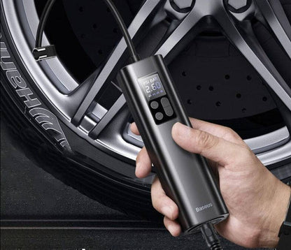 Portable 12V car tire air compressor pump for emergencies and road trips, ideal auto maintenance accessory.