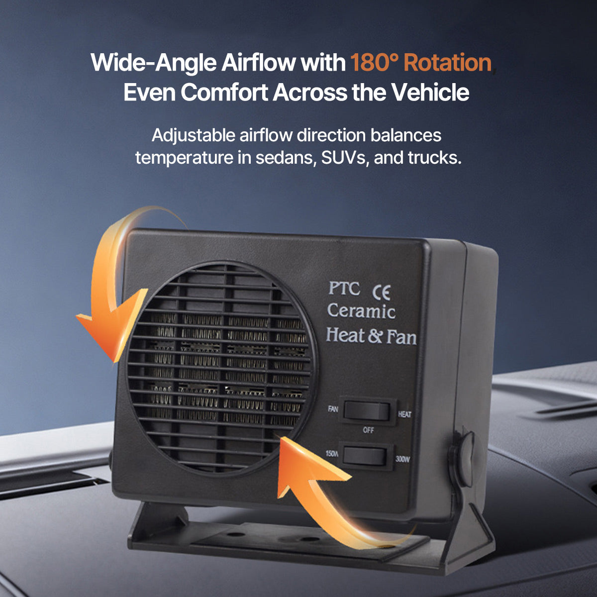 Compact car defroster with 360-degree rotation, 12V PTC ceramic, ideal for windshield defrosting & interior heating