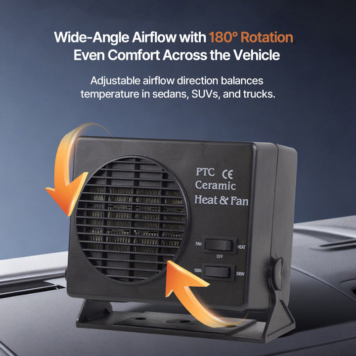 Compact car defroster with 360-degree rotation, 12V PTC ceramic, ideal for windshield defrosting & interior heating