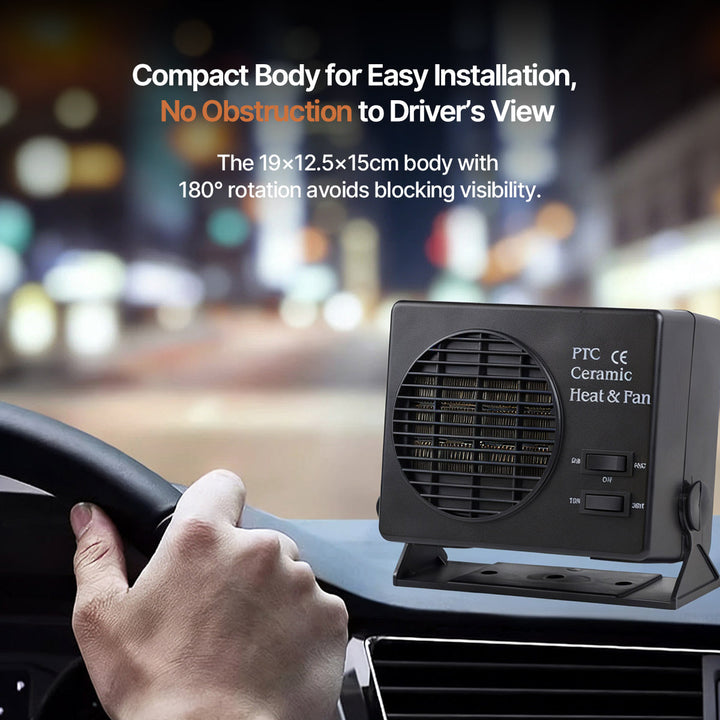 PTC ceramic car heater, 12V, delivering instant heat for windshield defrosting and car interior warming, universal