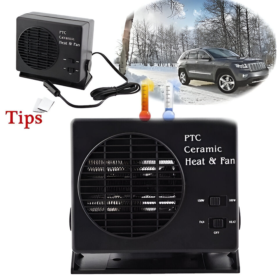 Compact 12V ceramic car heater, defroster & warmer for quick vehicle defrosting.