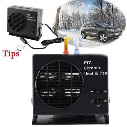 Compact 12V ceramic car heater, defroster & warmer for quick vehicle defrosting.