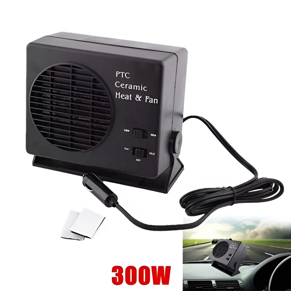 Ceramic 12V portable car heater, fan & defroster, essential vehicle accessory for winter warmth.