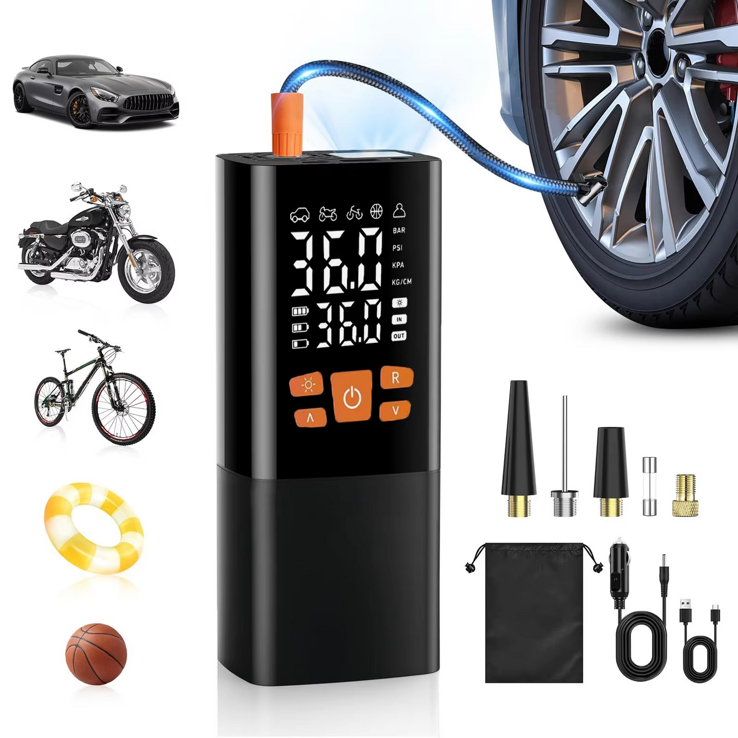 Portable 180 PSI digital tire inflator & air compressor for vehicles. Compact cordless design, ideal for auto emergencies.