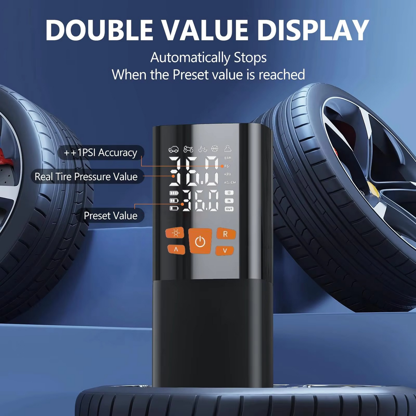 Cordless 180 PSI car tire inflator in action, quickly filling a vehicle tire. Essential portable air compressor.