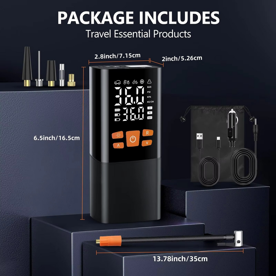 Versatile portable air compressor inflating a bike tire. Rechargeable digital pump for bikes, sports equipment & car tires.