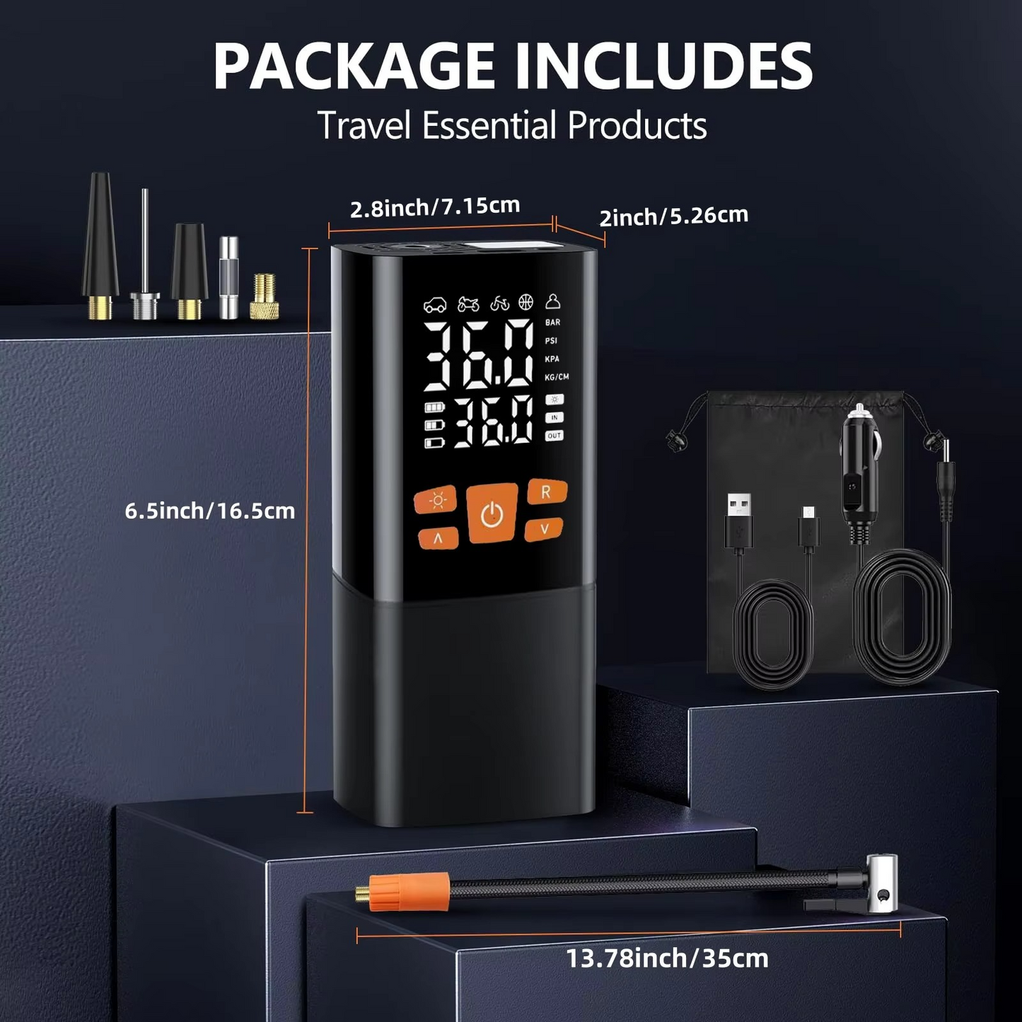 Versatile portable air compressor inflating a bike tire. Rechargeable digital pump for bikes, sports equipment & car tires.
