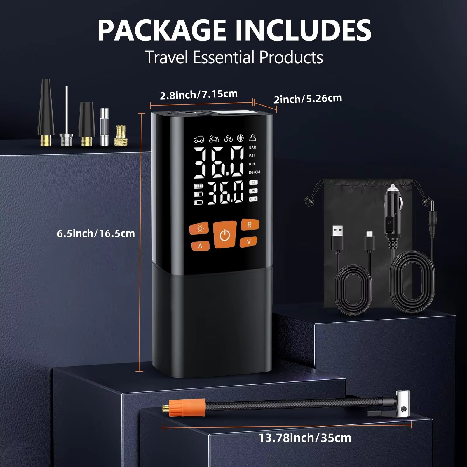Versatile portable air compressor inflating a bike tire. Rechargeable digital pump for bikes, sports equipment & car tires.