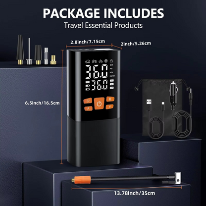 Versatile portable air compressor inflating a bike tire. Rechargeable digital pump for bikes, sports equipment & car tires.