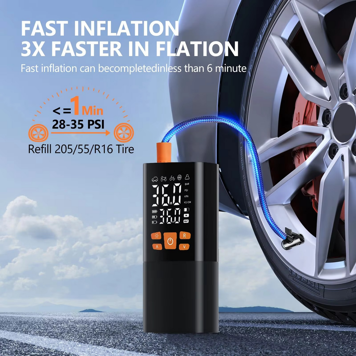 Compact portable air compressor & tire inflator with carrying case. Small design for easy storage in car or trunk.