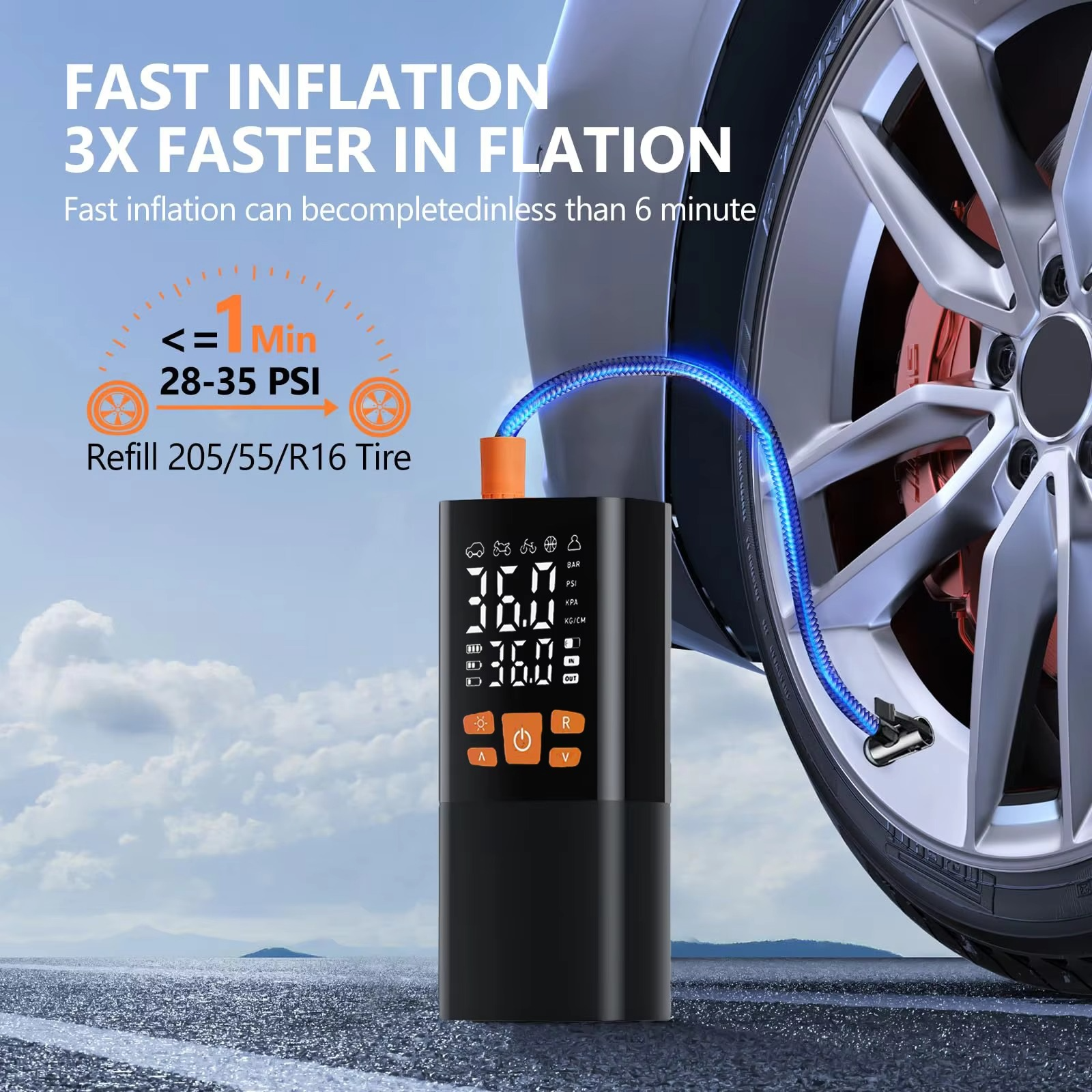 Compact portable air compressor & tire inflator with carrying case. Small design for easy storage in car or trunk.