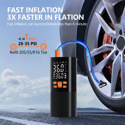 Compact portable air compressor & tire inflator with carrying case. Small design for easy storage in car or trunk.