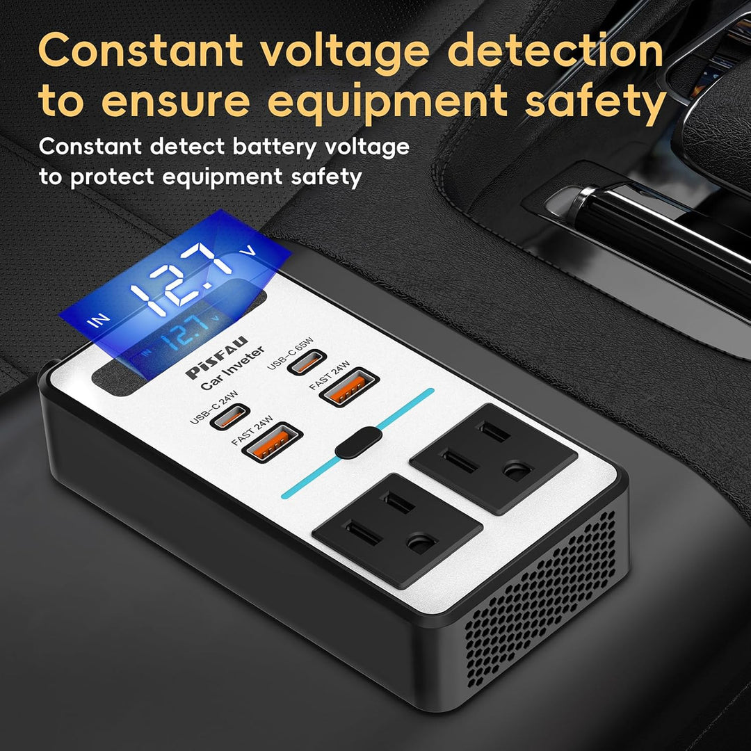 Compact 200W portable car power inverter with USB-C and fast charger for travel essentials.