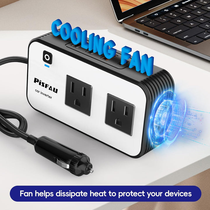 Car power adapter: 200W inverter with USB-C & fast charger for multiple devices on the go.