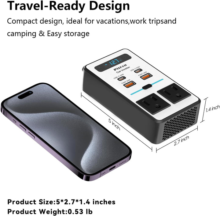 Road trip essential: 200W car inverter with USB-C fast charger for phones, laptops, and more.