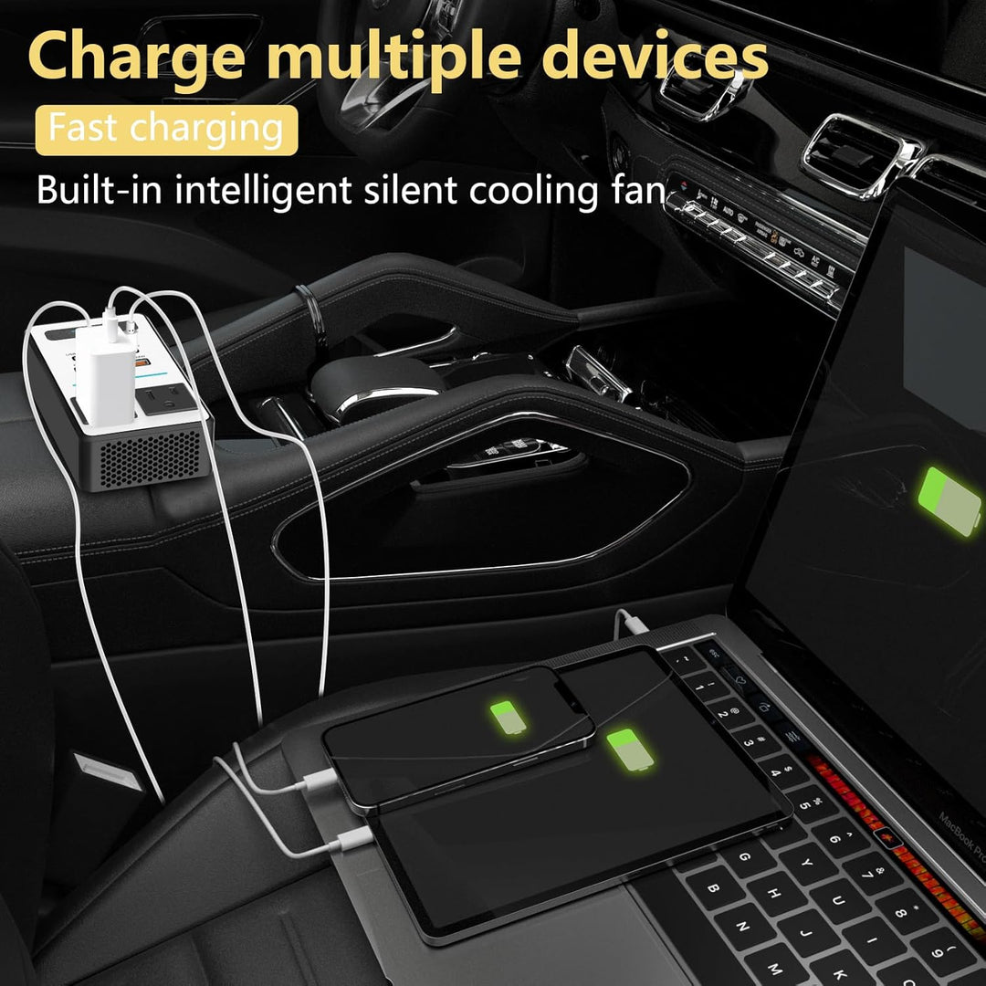 Multi-device 200W car power inverter featuring USB-C and fast charge ports for travelers.