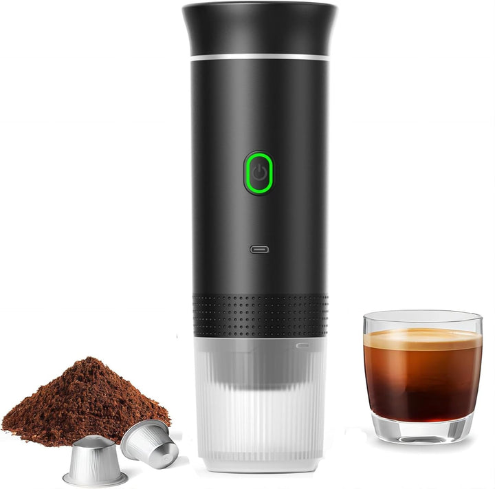 Portable 3-in-1 espresso maker with rechargeable battery for travel & outdoor use.