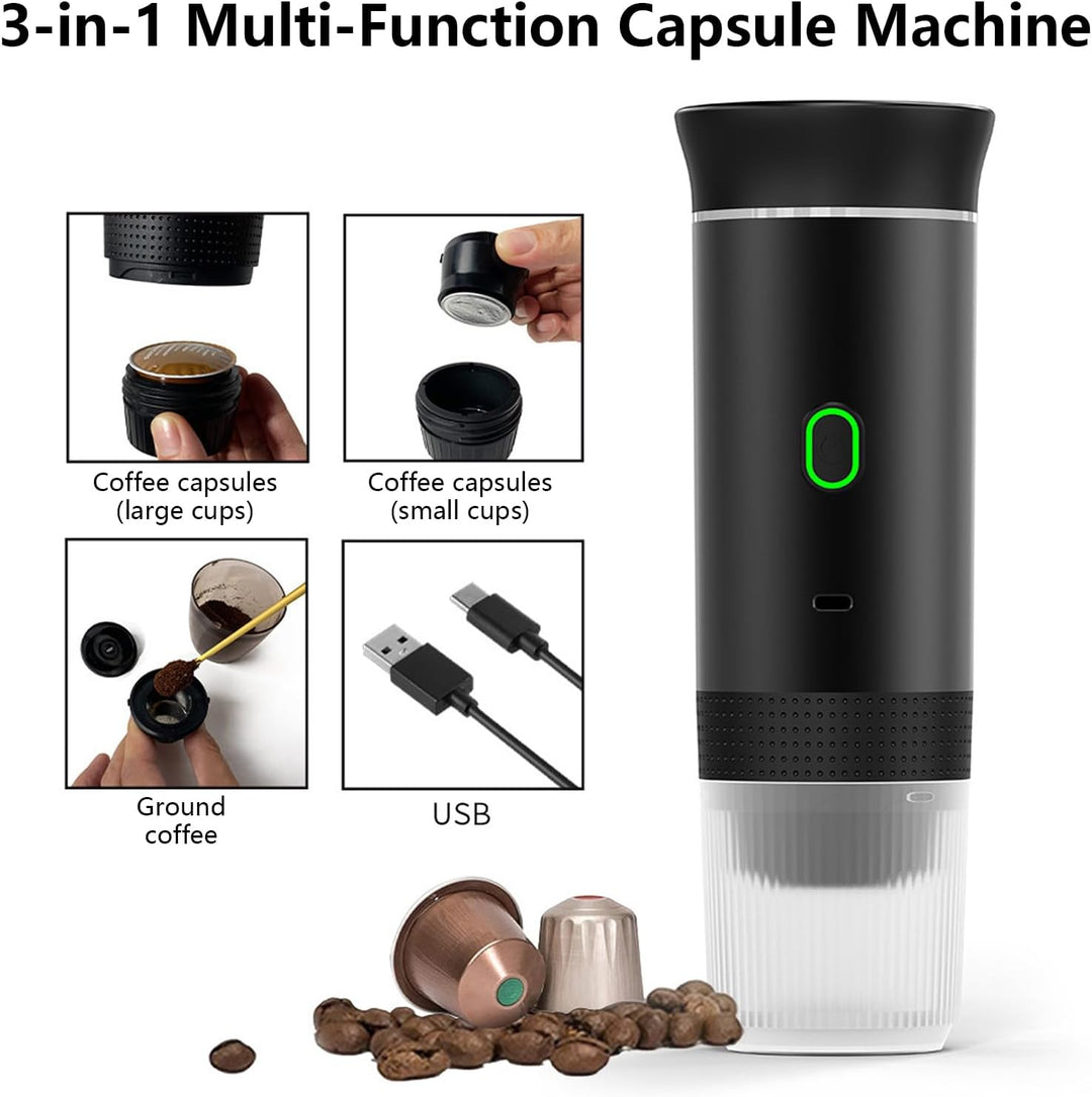 Travel coffee maker for espresso lovers: 3-in-1 functionality, rechargeable, compact design.