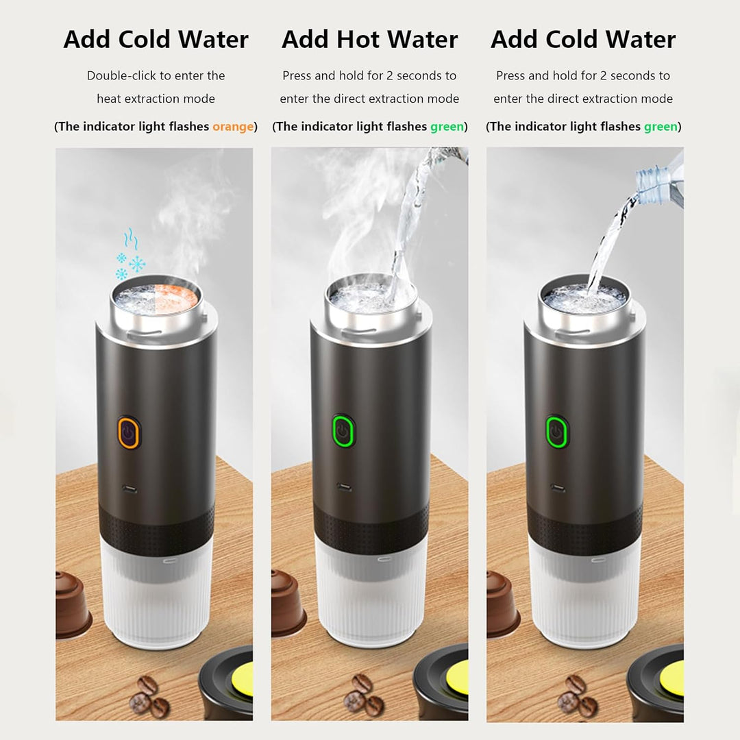 Rechargeable espresso machine for ground coffee & capsules; ideal for on-the-go hot/cold brew.