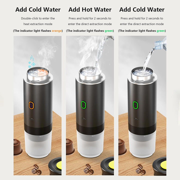 Rechargeable espresso machine for ground coffee & capsules; ideal for on-the-go hot/cold brew.